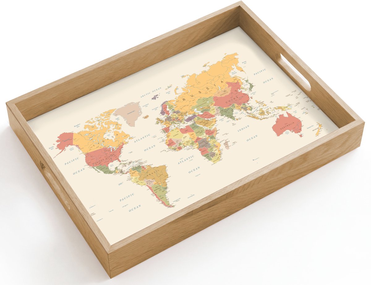 Dienblad hout 40x30 cm - Schootdienblad - Wereldkaart - Realistisch - Beige - Borrelplank rechthoek - Plateau dienbladen