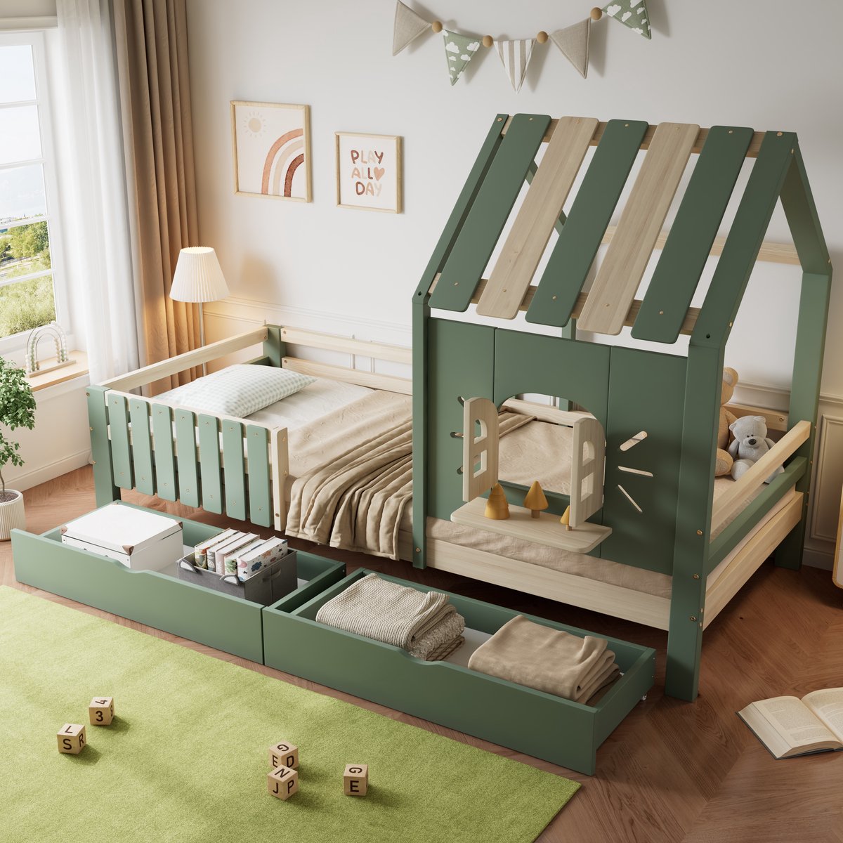 MODFU – Kinderbed met Dak en Raam – 90x200 cm – 2 Laden – Huisvormig – Grenenhout – Groen & Naturel