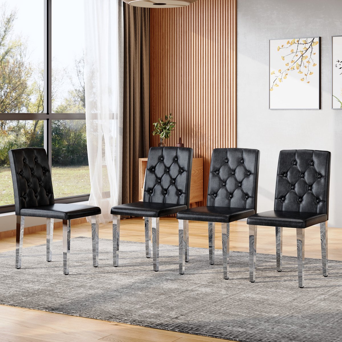 MIVRAY Eetkamerstoelen Set Van 4 - Gewatteerde Rugleuning En Comfort - Voor Eethoek Of Horeca - Metaal En PU - Zwart Zilver Zwart+Zilver