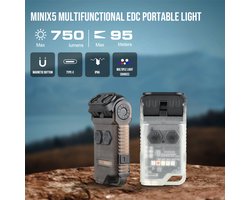 TrustFire MINIX5 Zaklamp 750 Lumen – Multifunctionele EDC Zaklamp met UV, Magneet & USB-C - Grijswit