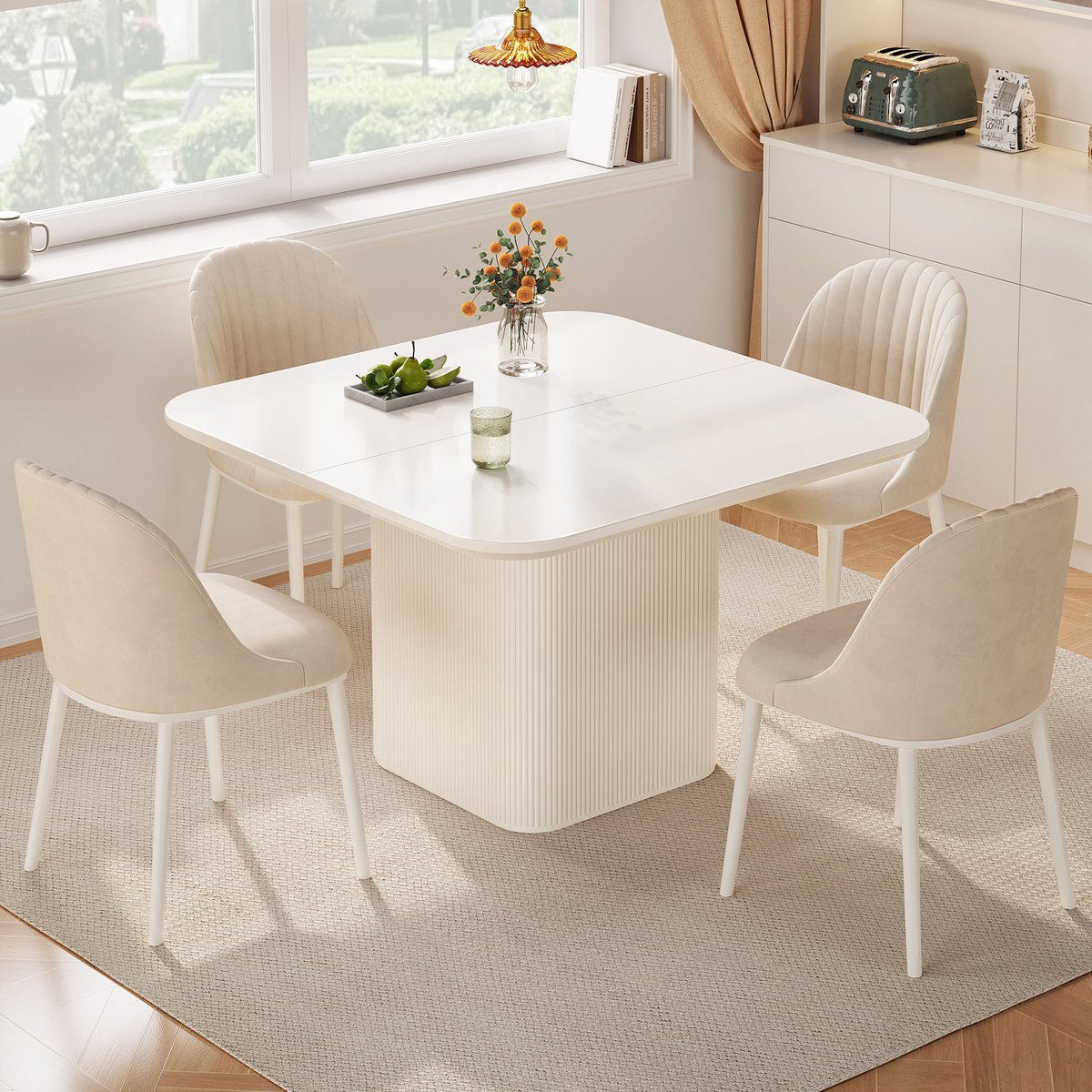 Guyii Modern Eetkamerset 4 Personen – Vierkante Eettafel met 4 Stoelen – Compacte Tafel voor Kleine Ruimte – Afgeronde Hoeken & Comfort Stoelen