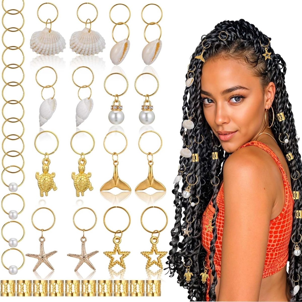 40 Stuks Gouden Dreadlock Sieraden voor Festivals - Haaraccessoires voor Vlechten, Schelpenringen en Haarjuwelen voor Mannen en Vrouwen