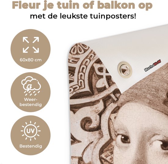 Tuinposter 60x80 cm - Tuindecoratie Meisje met de parel - Johannes Vermeer - Bruin - Poster voor in de tuin - Buiten decoratie - Schutting tuinschilderij - Tuindoek muurdecoratie - Wanddecoratie balkondoek