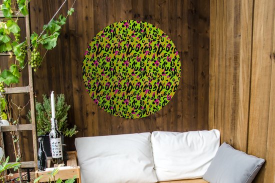 Tuincirkel Panterprint - Neon - Geel - Roze - 90x90 cm - Ronde Tuinposter - Buiten