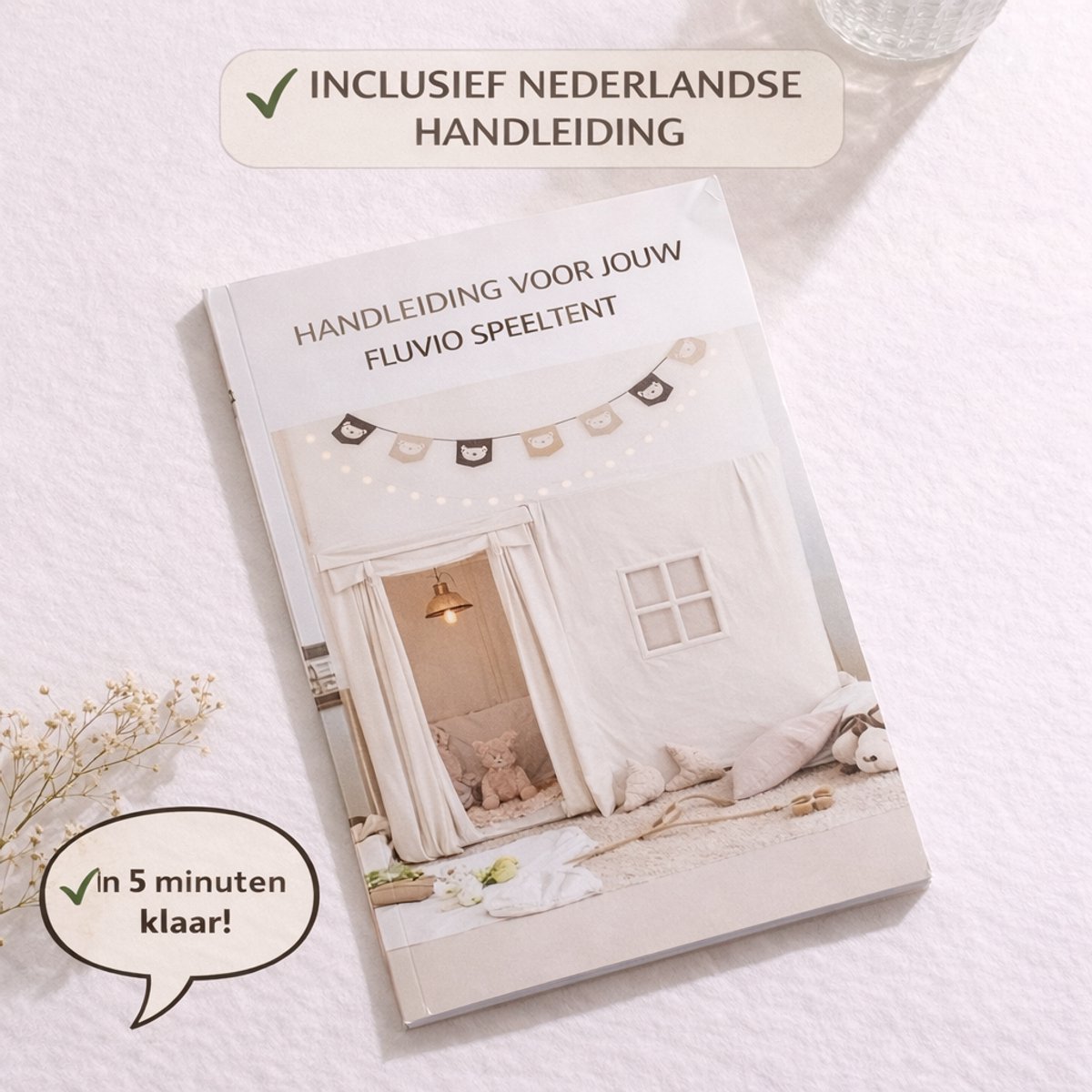 Fluvio Speeltent Kinderen – Speelhuisje Binnen met Lichtjes, Speelmat & Gordijntjes – Tipi Tent Jongens en Meisjes – Kinder Tent Beige - 120x80x128 cm — afbeelding 6