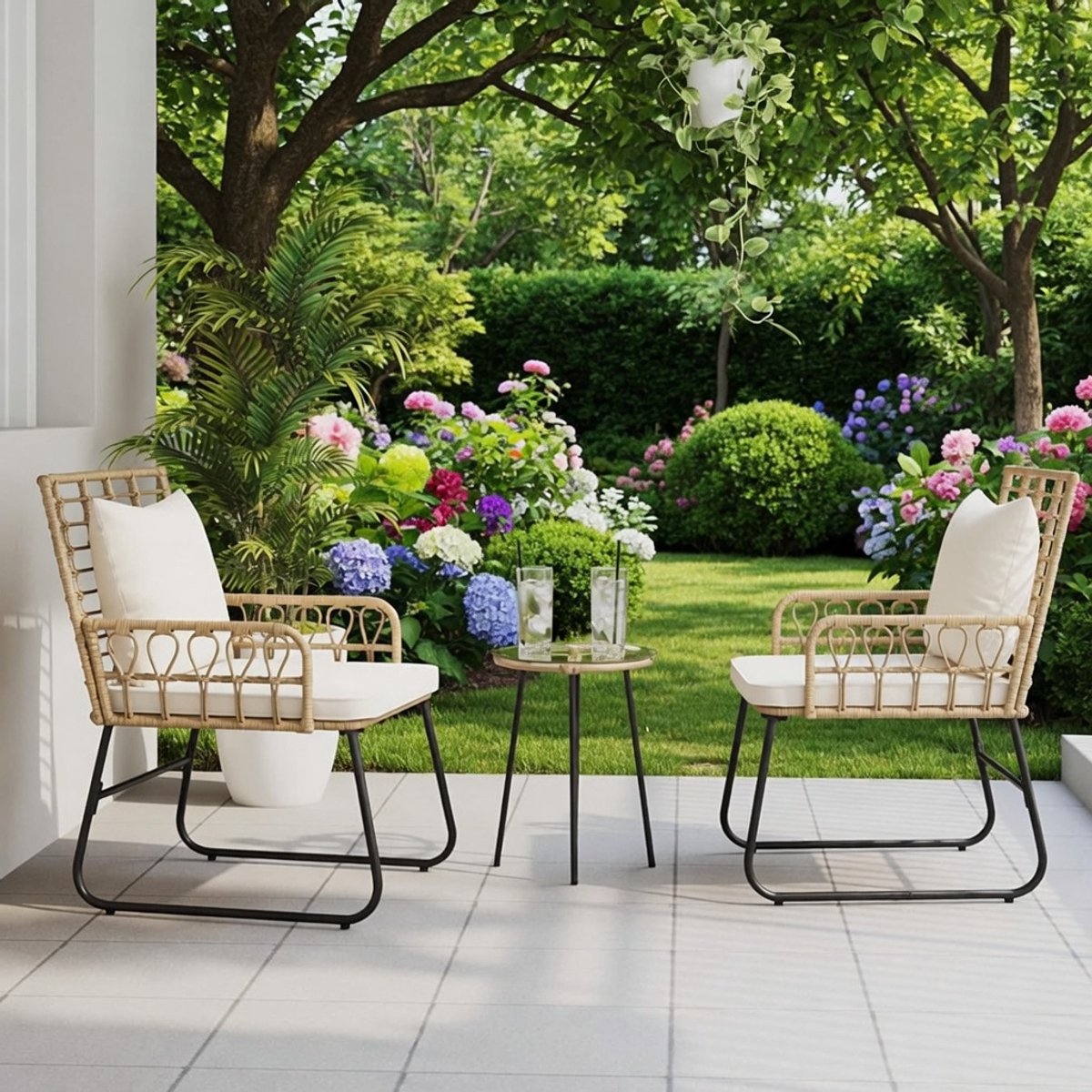 HOMELEN Gartenmöbel Set 3-teilig Poly-Rattan Tisch und Stühle wetterfest für Garten Terrasse Balkon braun und Creme-Mobili Bella