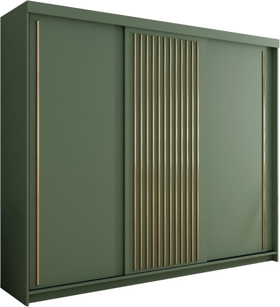 Groene kledingkast met schuifdeuren, gouden verticale lijnen en een gouden verticale baan aan de zijkant.