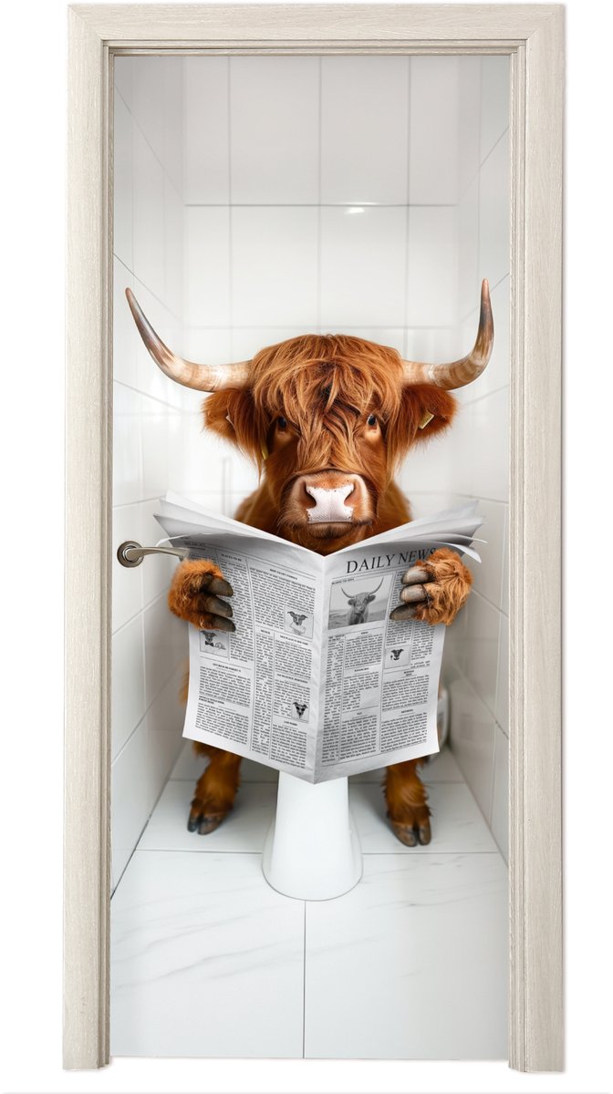 Deurposter 85x205 cm - Deursticker Schotse Hooglander - Krant - WC - Dier - Meubelfolie ze
