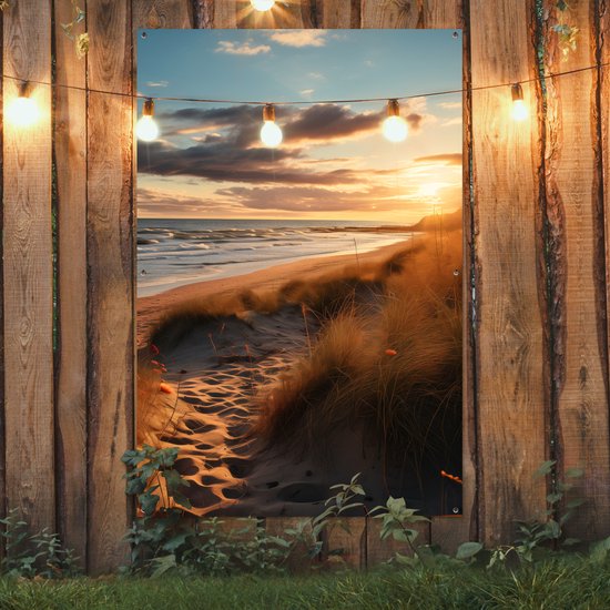 Tuinposter 120x180 cm - Tuindecoratie Strand - Zonsondergang - Duinen - Zee - Zand - Poster voor in de tuin - Buiten decoratie - Schutting tuinschilderij - Tuindoek muurdecoratie - Wanddecoratie balkondoek