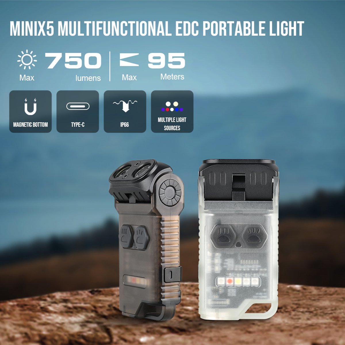 TrustFire MINIX5 Zaklamp 750 Lumen – Multifunctionele EDC Zaklamp met UV, Magneet & USB-C - Zwart