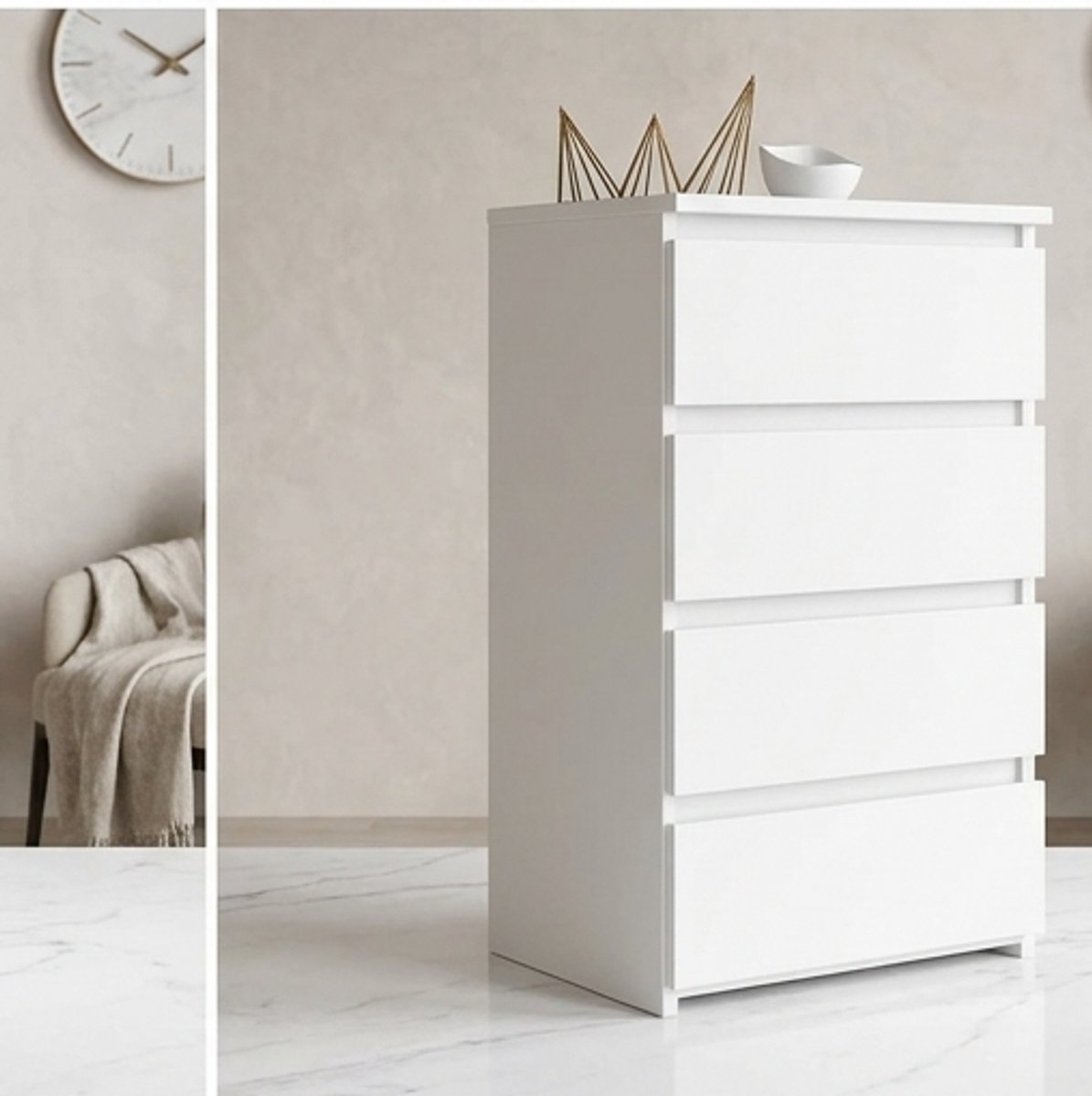 Smalle 4-Lade Commode Ladekast – Compacte Opbergkast 40x35x74 cm – Wit – Slaapkamer, Woonkamer & Hal – Mobili Bella