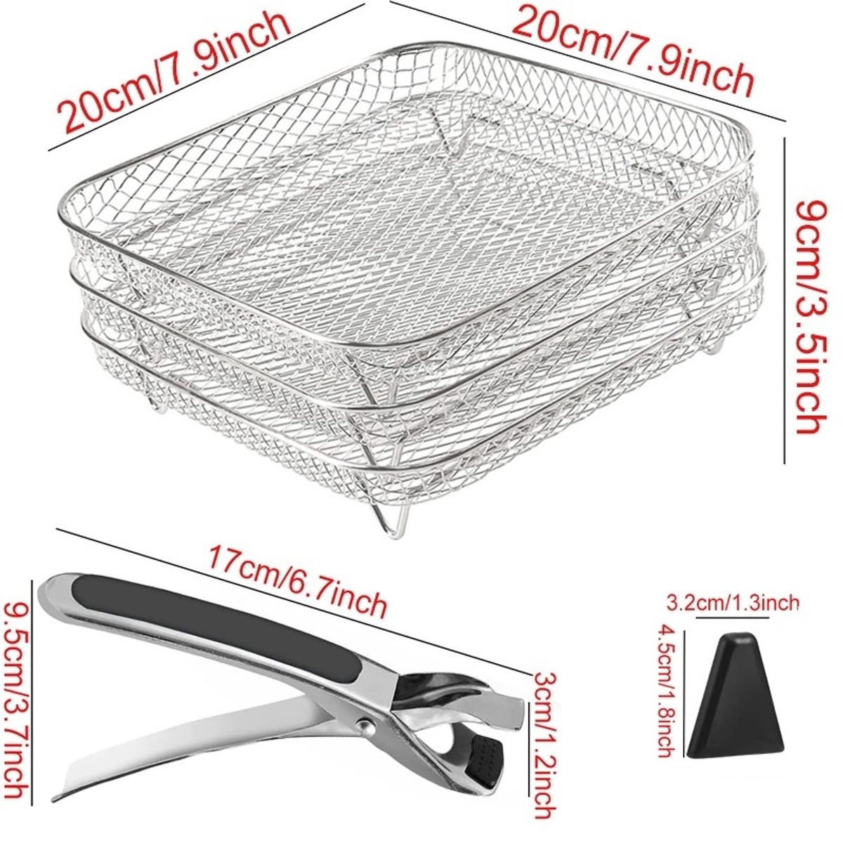 WiseGoods Luxe Airfryer Rek 3 Laags Vierkant 20cm – RVS Grillrek - Stapelbaar Met Siliconen Voetjes - Incl Anti Verbrandingsclip