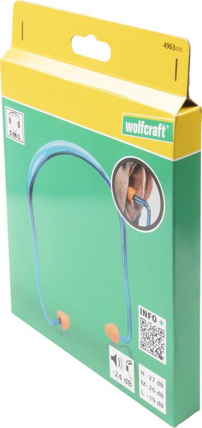 Verpakking van wolfcraft gehoorbeugel met oranje oordopjes. Tekst op verpakking: 'S/M/L', '24 dB', '27 dB', '20 dB', '19 dB'.