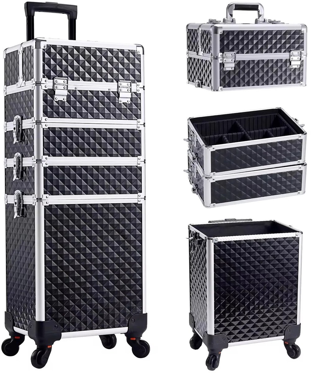 Stervia Make Up Koffer - Make Up Trolley - 4 Laags - Met Slot - 360 graden wieltjes - Uittrekbare Lagen - Zwart - 34 x 25 x 76 cm