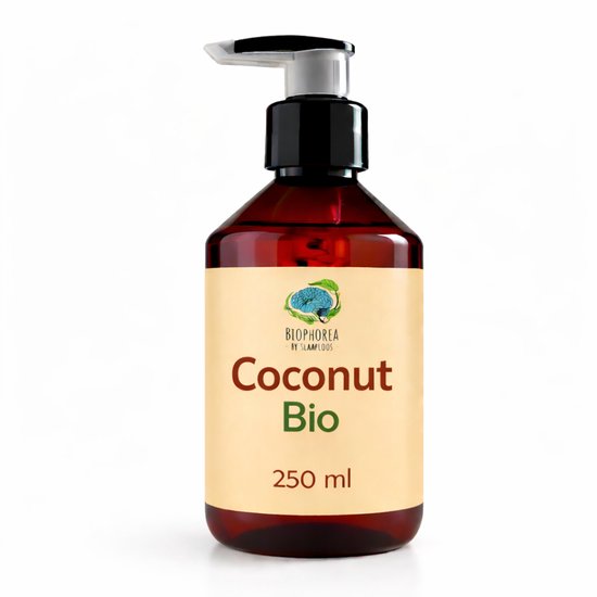 Bruine fles met pompdispenser. Lichtgekleurd etiket met 'Biophorea Coconut Bio 250 ml'.