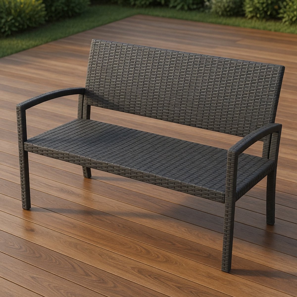 Luxe Polyrotan Tuinbank 2-Zits – Weerbestendige Balkonbank met Rugleuning & Armleuningen – 320 kg Draagkracht – Comfortabele Buitenbank voor Tuin, Terras en Balkon (Zwart) | Mobili Bella