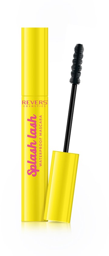 Gele huls met zwarte mascara en borsteltje. Tekst: "Splash lash WATERPROOF MASCARA".