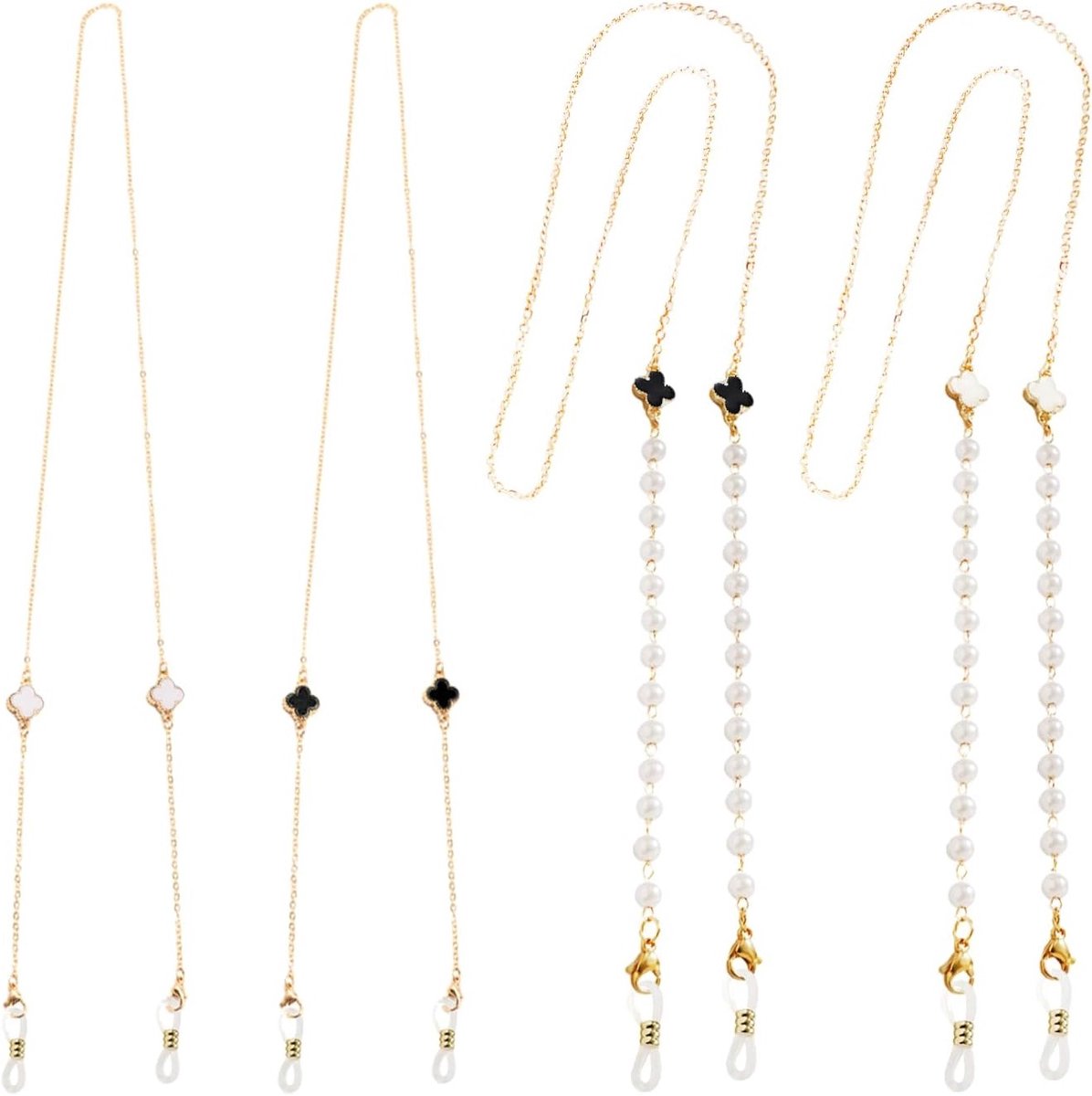 Vierdelige ketting met klavertje vier, zonnebrilriem, gouden ketting en antislip glazenkoord, ideaal voor zonnebrillen en accessoires, zwart, 70 cm