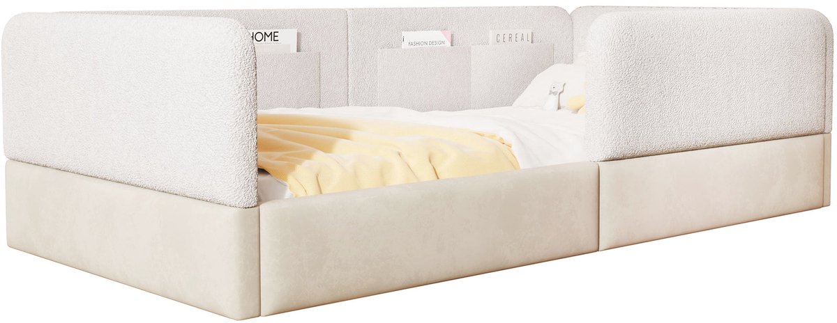 Merax Gestoffeerd Bed 90x200 cm - Fluweel en Kunstleer - Kinderbed met Beschermhek en Opbergvakken - Wit