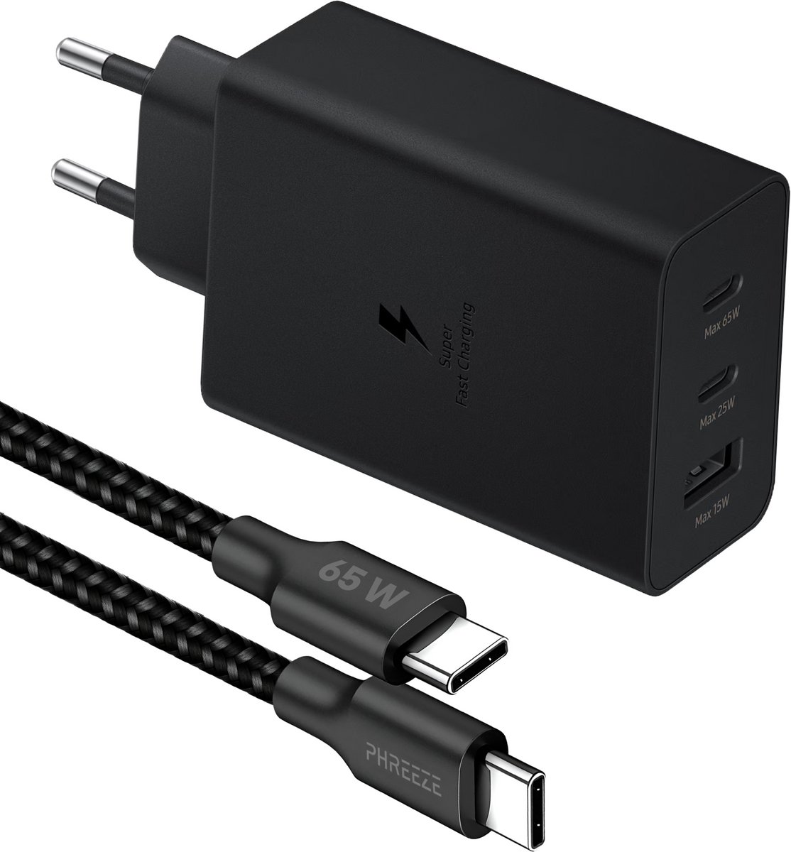Phreeze 65W Snellader 3 Poorten + Nylon Gevlochten USB C Kabel 1 Meter - USB C Adapter - GaN Oplader - Stevig - Lange Levensduur - USB C naar USB C - Voor Telefoon & Laptop - Zwart