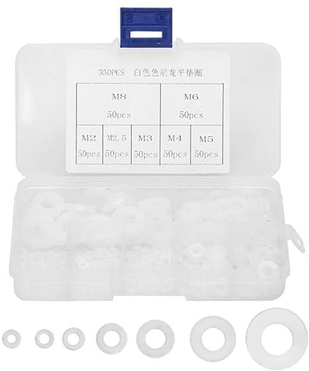 SOUQONE- Wasmachines Set van 350 Stuks - Nylon Sluitringen M2/M2.5/M3/M4/M5/M6/M8 - Platte Afdichtingen - Antislip Bescherming - Opbergdoos Inbegrepen