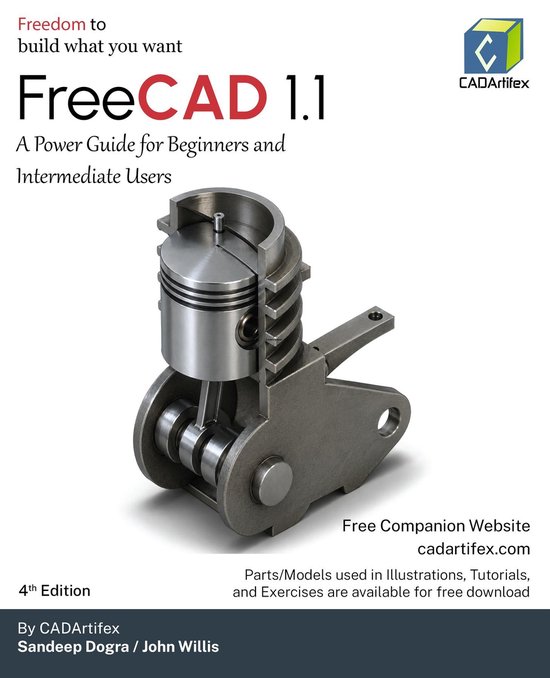 Couverture de livre avec "FreeCAD 1.1" et une image d'une pièce de moteur.