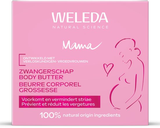 Weleda Mama Zwangerschap Body Butter verpakking met een roze hartje en zwangere vrouw silhouet. '100% natural origin ingredients'.