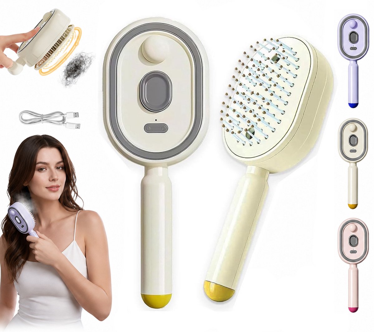 Elektrische Stoomborstel / Massageborstel - Multifunctionele Stoom Haarborstel met Spray Functie - Stoom Stijltang - Anti Klit & Antistatisch - Draadloos & Oplaadbaar - Cadeau voor Vrouwen & Meisjes - Voor Krullend en Pluizig Haar - Beige - SOLLBRY®