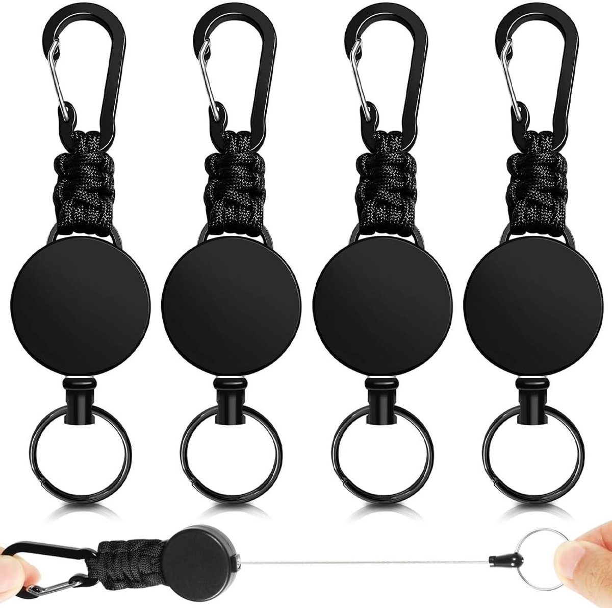 Dailygoods- Sleutelhanger Uittrekbaar - 4 Stuks - Robuuste Karabijnhaak - Verstelbare Lengte - Stalen Kabel 60 cm - Praktisch Accessoire - Sleutelrol