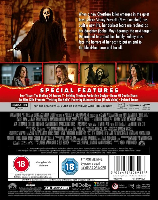 Achterkant van de Scream 7 4K UHD Blu-ray met filmstills en filminformatie.