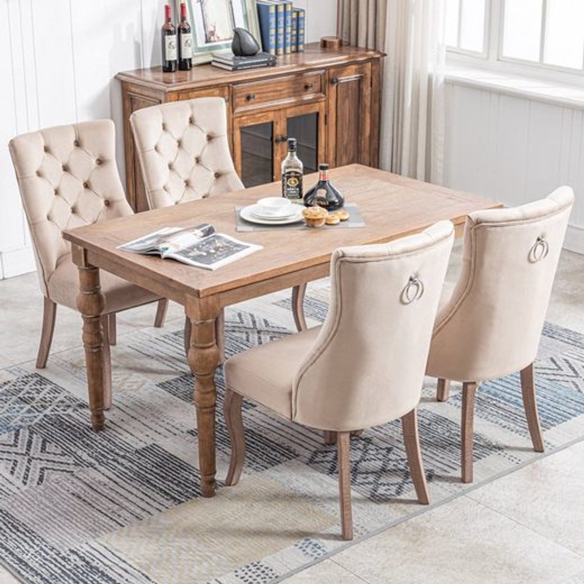 REDOM Eetkamerstoel - Hoge Rugleuning - Modern - Fluweel en Rubberhout - Beige - Set Van 4 - 97 × 51 × 47 cm
