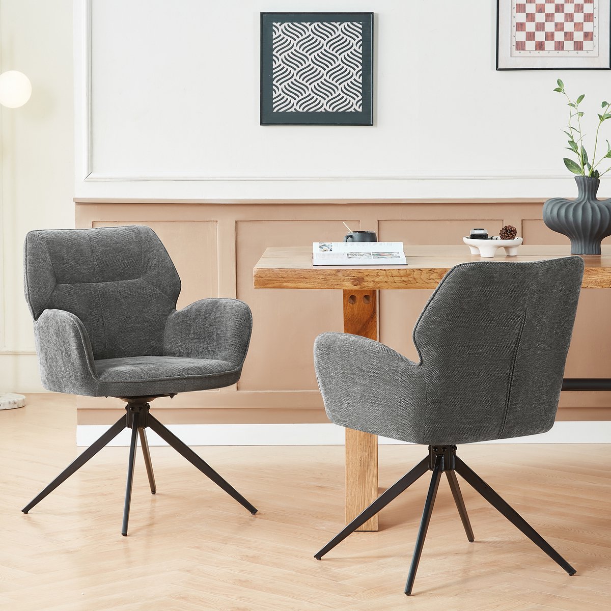 REDOM Eetkamerstoel 2-delig - Draaibaar - Modern - Voor Eetkamer En Werkkamer - Chenille En Metaal - Donkergrijs