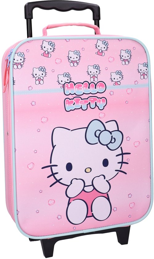 Roze Hello Kitty koffer met grote Hello Kitty print en kleine Hello Kitty-afbeeldingen bovenaan.