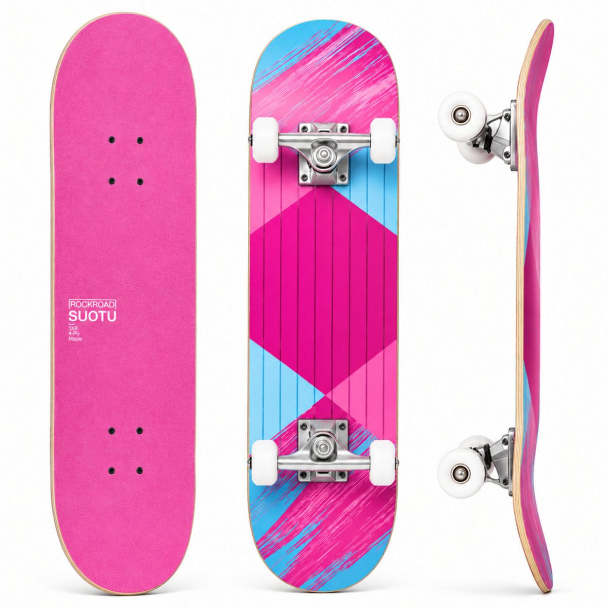 Suotu Skateboard 80x20cm ABEC-9 95A schokabsorptie Jongens Meisjes Volwassenen Skateboards Roze