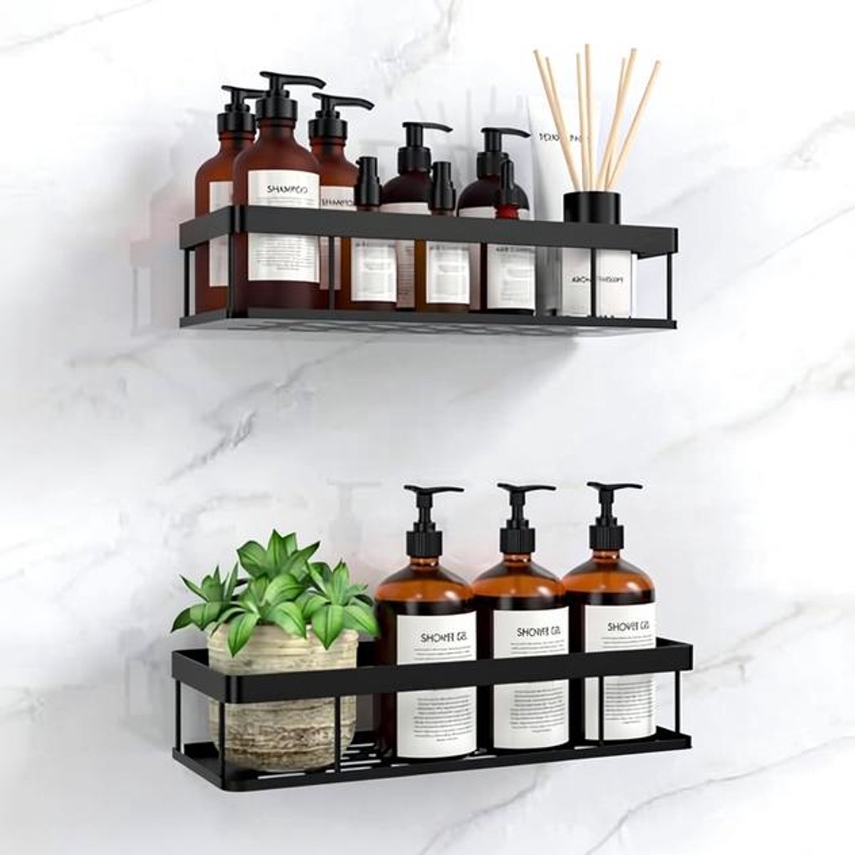 ElleMooi Doucherek Zonder Boren - No-Drilling Adhesive Wandmontage Badkamerplank - Badkamer Organizer - Zwart (Basisversie, 2 Stuks)