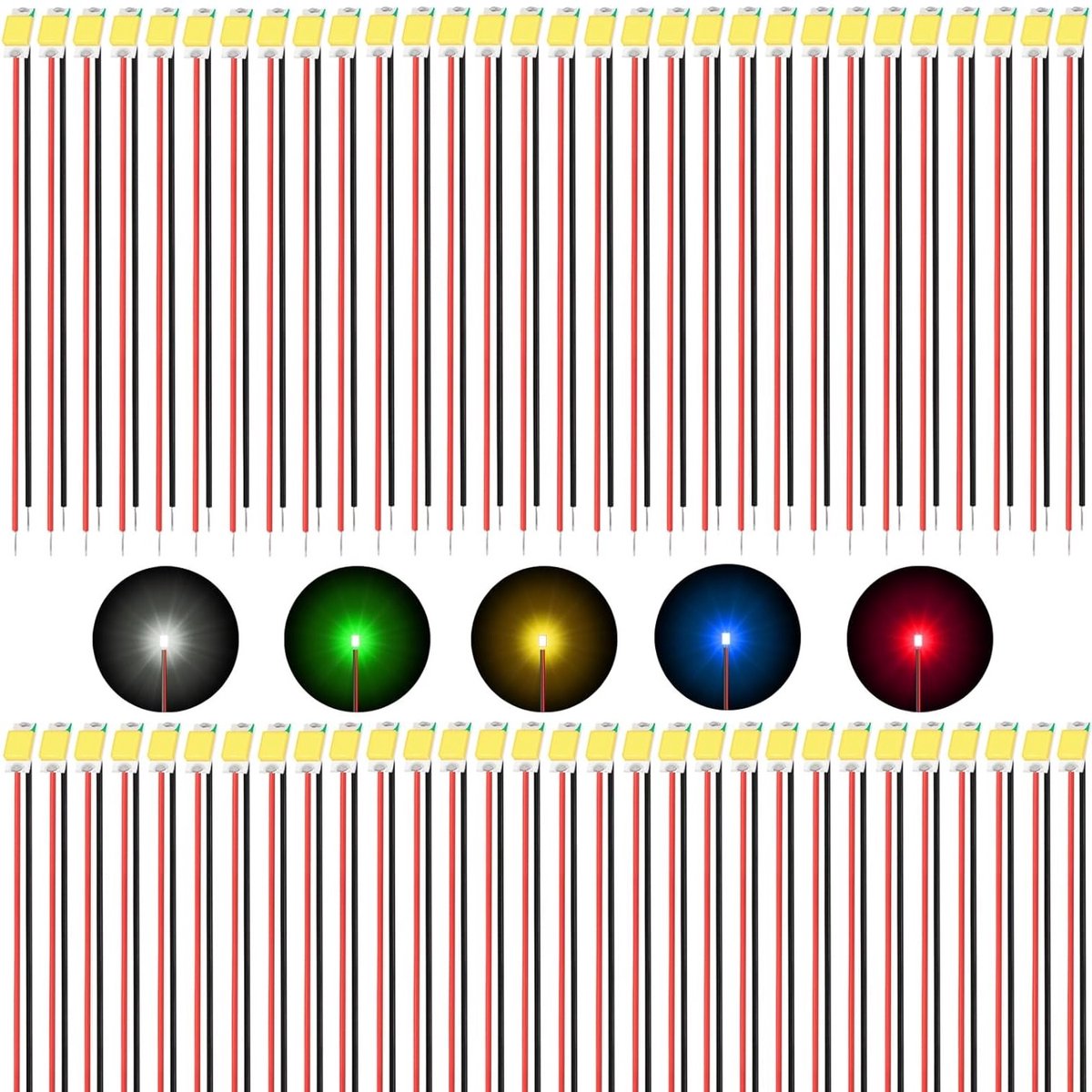 50 Stuks Micro LED Diode Lampjes Pre-Gelast SMD LED 0805 met 16 cm PTFE Kabel voor DIY Modelbouw en Verlichting (Rood, Blauw, Groen, Geel, Wit)