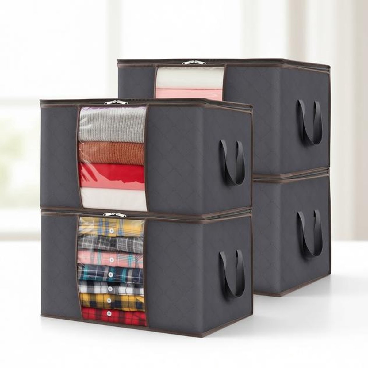 ElleMooi 4-pack Opbergtas voor Kleding, Dekens, Dekbedden - 60L, Opvouwbaar, met Versterkt Handvat en Kijkvenster, Grijs