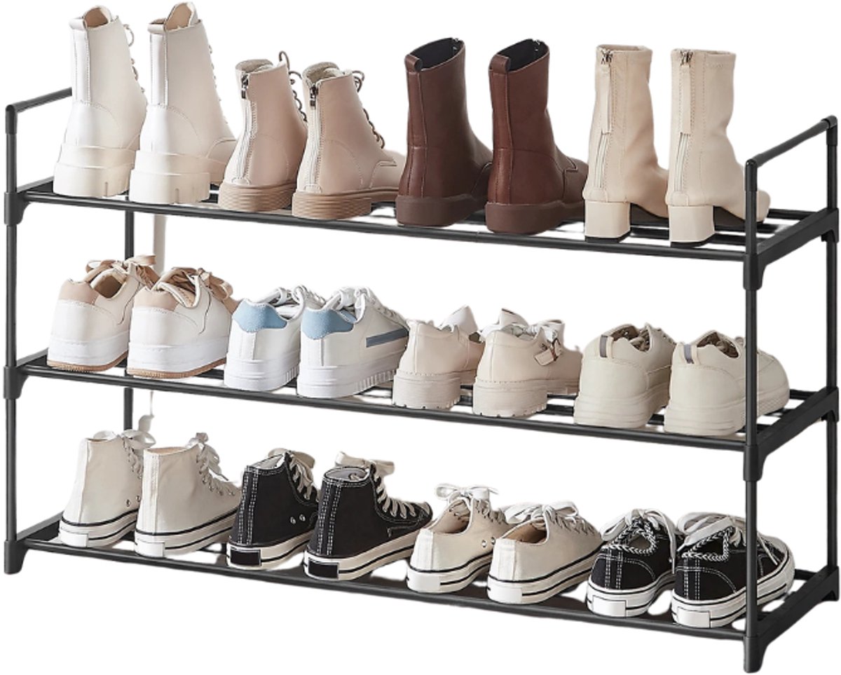 Stervia Schoenenrek - Stapelbaar Schoenenrek - 3 Laags - 12 tot 15 Paar Schoenen - Belastbaarheid Per Laag 5 Kg - Zwart - 30 x 92 x 54 cm