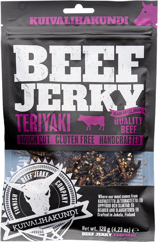 Zwarte zak beef jerky teriyaki. De zak toont de tekst 'BEEF JERKY TERIYAKI' en een roze koe.