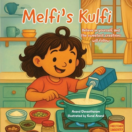 Illustration de livre d'une jeune fille aux cheveux bouclés préparant du kulfi crémeux dans une casserole. Titre : Melfi's Kulfi.