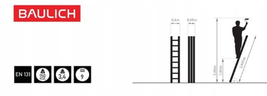 Baulich Aluminium rechte ladder - 9 treden - Professionele aanleunladder met antislip sporten - Stabiel en duurzaam - Werkhoogte 346 cm - Draagvermogen 150 kg