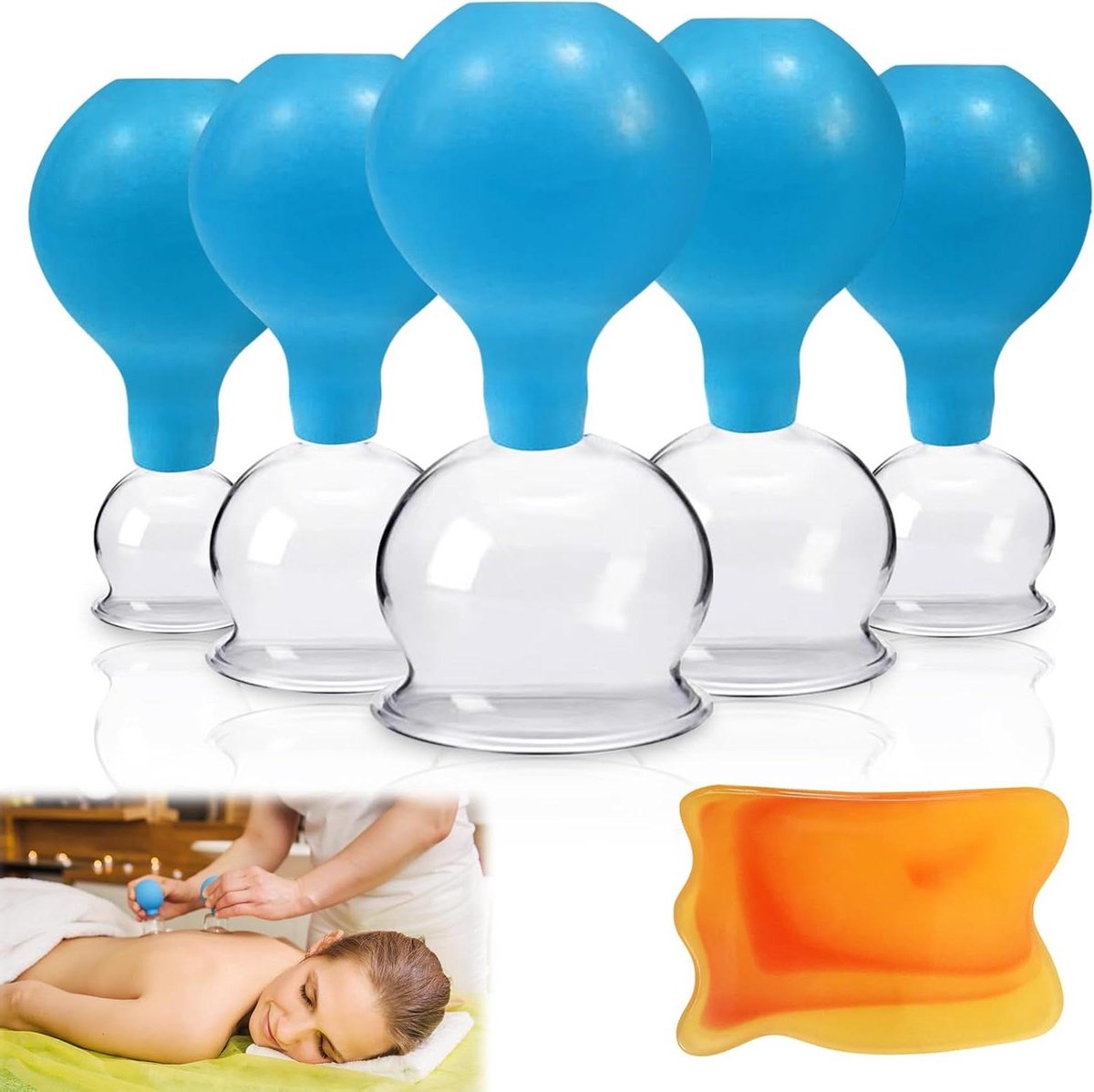 Cupping Glazen Set - Vacuüm Massage - Zelfzorg Lichaam - Echt Glas & Siliconen - 5 Maten - Blauw