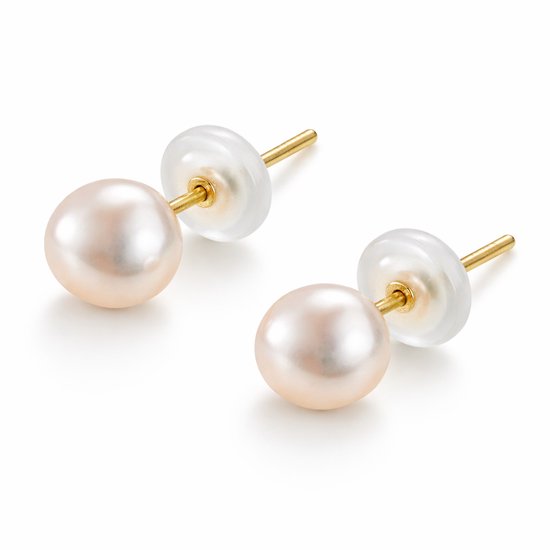 Paire de clous d'oreilles plaqués or 14K avec des perles rose pâle et des fermoirs en silicone transparent.