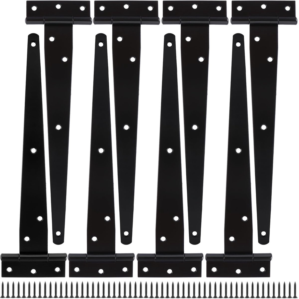 Dailygoods - 8 Stuks Zware T-Scharnieren 25 cm voor Deuren en Ramen - Gepoedercoat Zwart met Schroeven