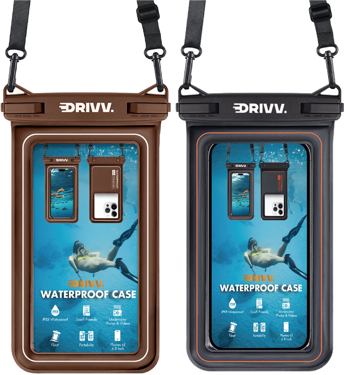 Drivv. Luxe Waterdicht Telefoonhoesje - Set van 2 – Drijvend - Dubbele Klipsluiting - Telefoons tot 6.8 inch – Onderwater Hoesje Telefoon - Zwart & Bruin