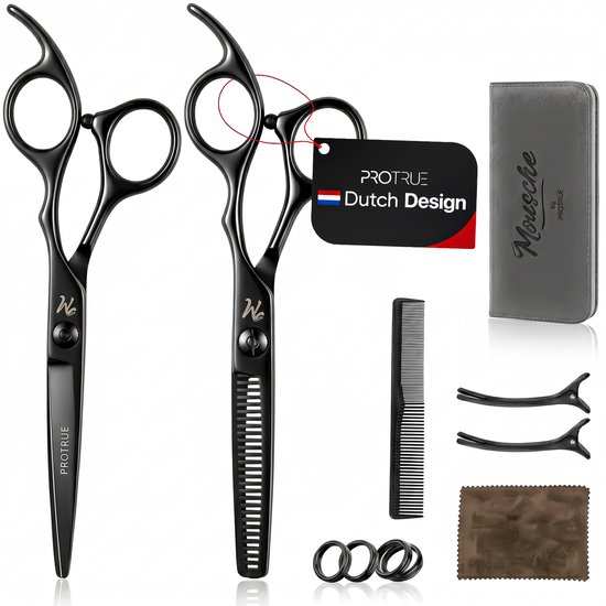 Set van twee zwarte kappersscharen (knippen en uitdunnen), een kam, twee clips, ringen en een schoonmaakdoekje.