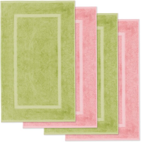 Lavea® Set van 4 Badmatten 50x80 cm Zacht en Absorberend – 100% Katoen, Wasbare Badkamermatten – Ideaal als Douche- of Badmat - Lindegroen en Pastelroze