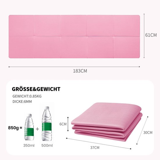 Opvouwbare Yogamat - Fitnessmat Pilates - Sport en Ontspanning - Dubbelzijdig Antislip - 183 x 61 cm - Roze — afbeelding 4