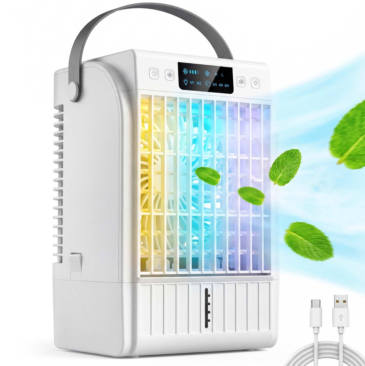 Draagbare Luchtkoeler 4-in-1 - Mini Airco met Waterkoeling & Luchtbevochtiger - 1.5L Waterreservoir - 4 Snelheden - 7 Kleuren LED - Timer - Slaapkamer & Kantoor