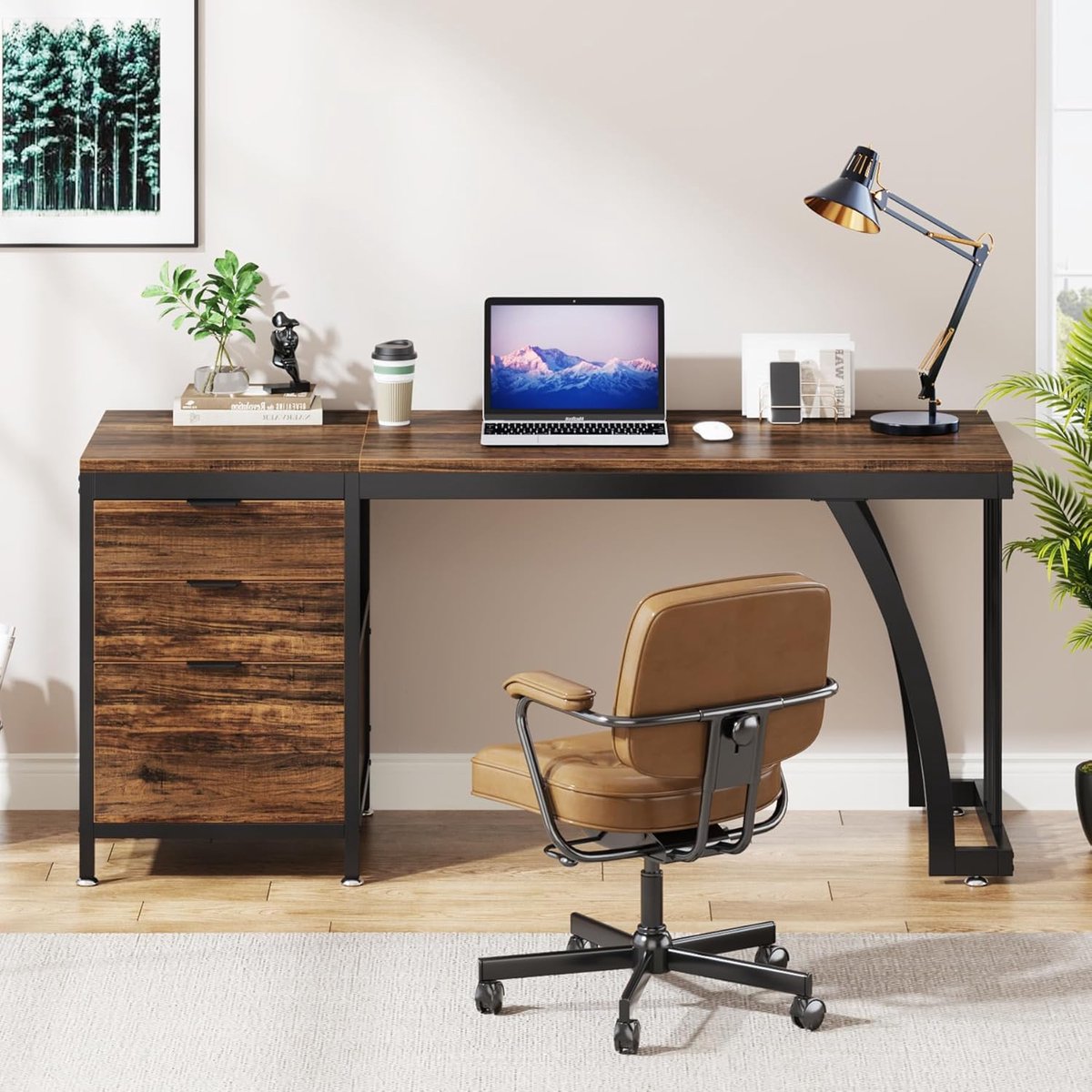Computertafel Bureau 150 cm met 3 Laden – House&Garden Industrieel Computerbureau – PC Werktafel met Omkeerbare Opberglade Links/Rechts – Thuiskantoor Bureau – Rustiek Bruin Hout & Zwart Metaal – Krasbestendig Bureau – Home Office Desk 150x50x75 cm